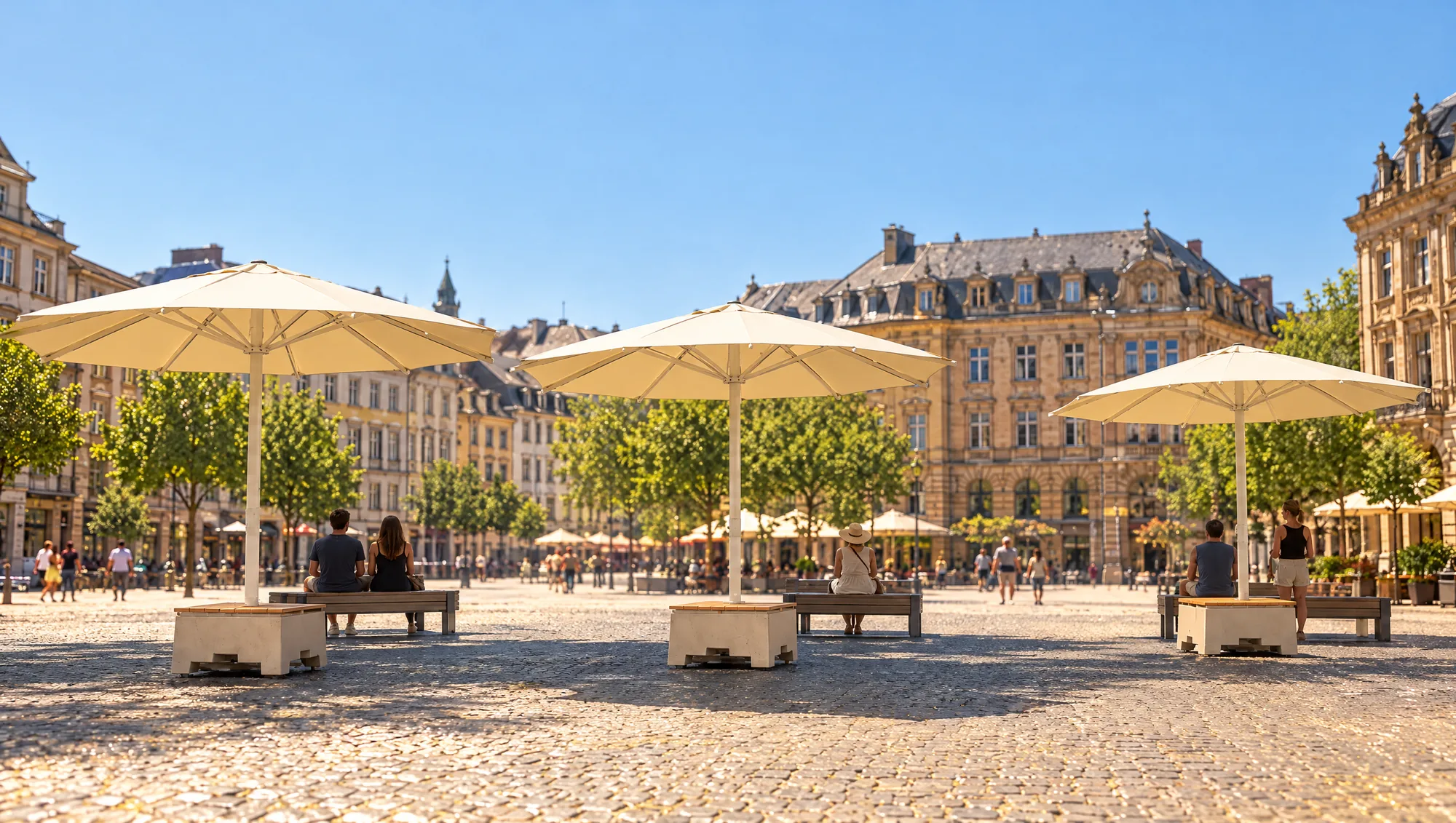 Drei Großschirme auf Sitzbasen spenden Schatten auf einem sonnigen Stadtplatz, Menschen sitzen im Schatten