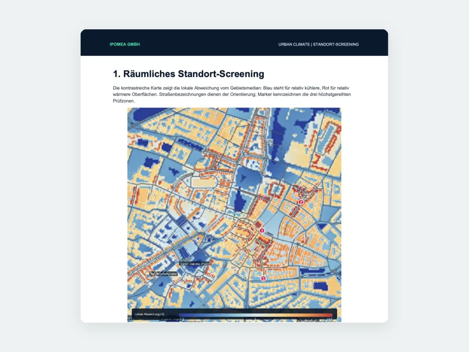 Seite aus dem Beispielbericht, Räumliches Standort-Screening: Heatmap des Marienplatzes mit den drei markierten Prüfzonen (Kartendaten © OpenStreetMap-Mitwirkende)