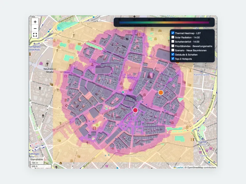 Kartenansicht der Hitzeanalyse für den Marienplatz: Wärmekarte über der Altstadt, Ebenenauswahl und markierte Hitzeschwerpunkte (Kartendaten © OpenStreetMap-Mitwirkende)