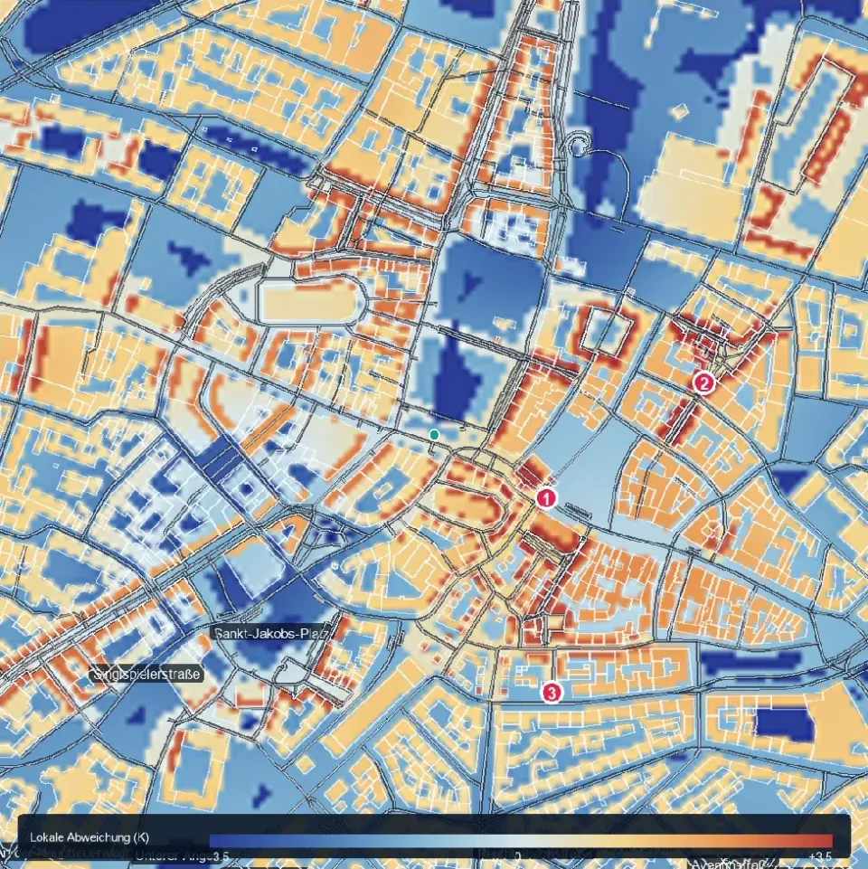 Karte eines Stadtplatzes mit markierten Hitzeschwerpunkten