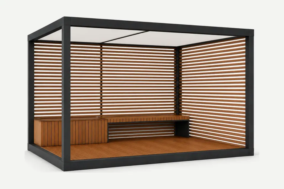 3D-Darstellung: Klimainsel-Modul mit Seitenwänden aus waagerechten Holzlamellen, Sitzbank und Holzboden