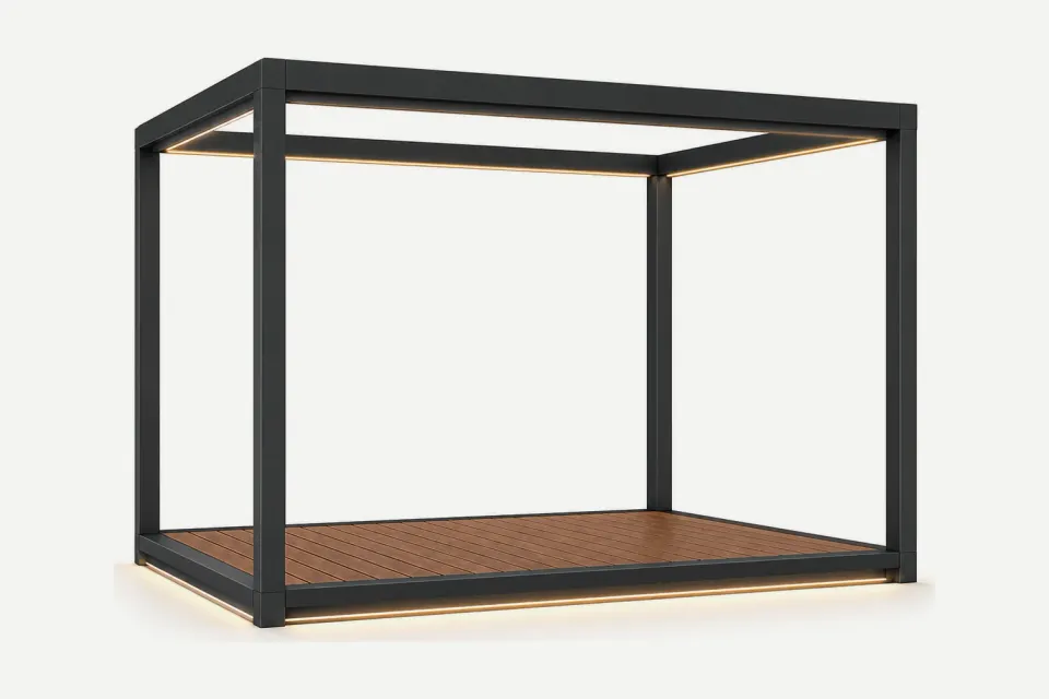 3D-Darstellung: Klimainsel-Modul mit warmweißem, indirektem LED-Licht an Rahmen und Bodenkante