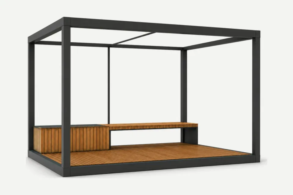 3D-Darstellung: Klimainsel-Modul mit Sitzbank aus Holz und Holzboden unter einem Membrandach