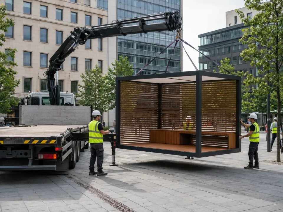Darstellung: Ein Ladekran hebt ein Klimainsel-Modul mit Holzlamellen vom Lastwagen auf einen Platz, zwei Monteure in Warnwesten führen es