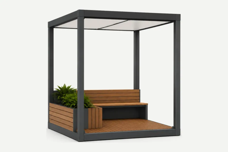 3D-Darstellung: quadratisches Klimainsel-Modul mit Membrandach, Sitzbank, Pflanztrog und Holzboden
