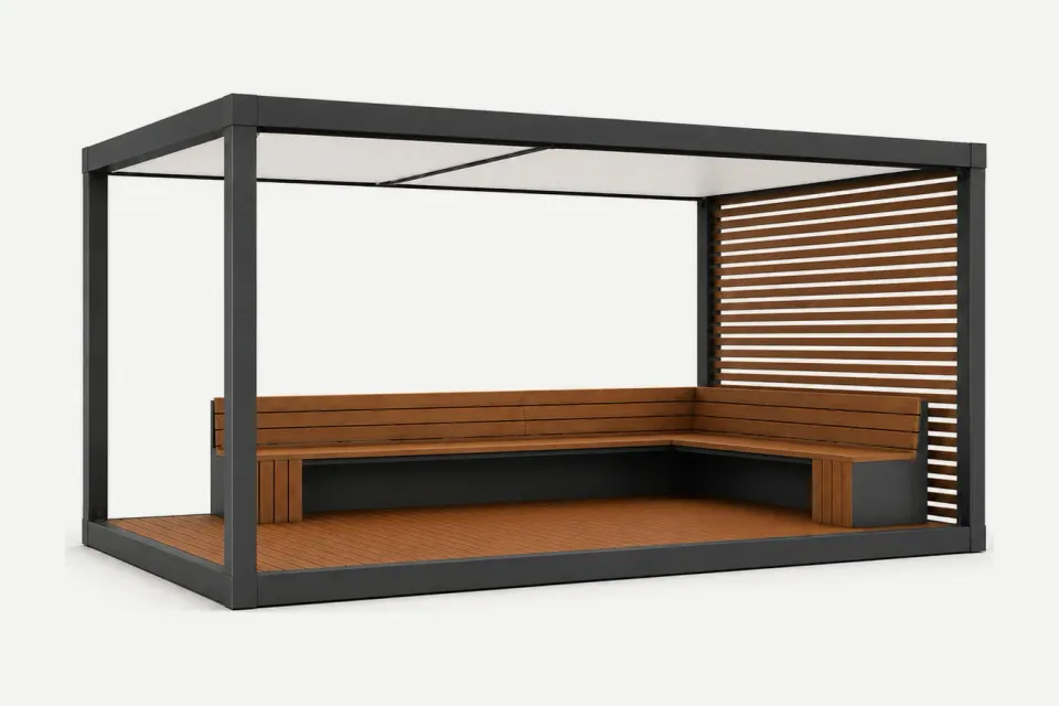3D-Darstellung: rechteckiges Klimainsel-Modul mit Eckbank aus Holz, seitlicher Holzlamellenwand und Membrandach