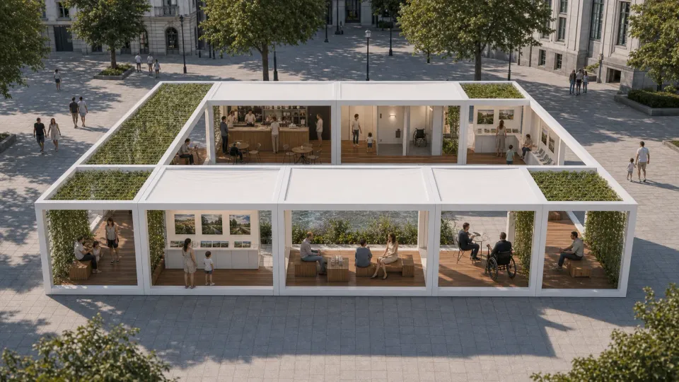 3D-Darstellung: aneinandergereihte Klimainsel-Module in der Draufsicht auf einem Stadtplatz, mit Sitzbereichen, Ausstellungswänden und begrünten Dachfeldern