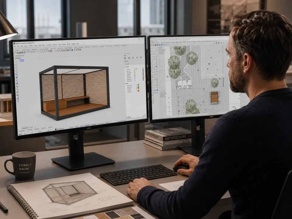 Darstellung: Planer vor zwei Bildschirmen, links das 3D-Modell eines Klimainsel-Moduls, rechts ein Lageplan mit Bäumen