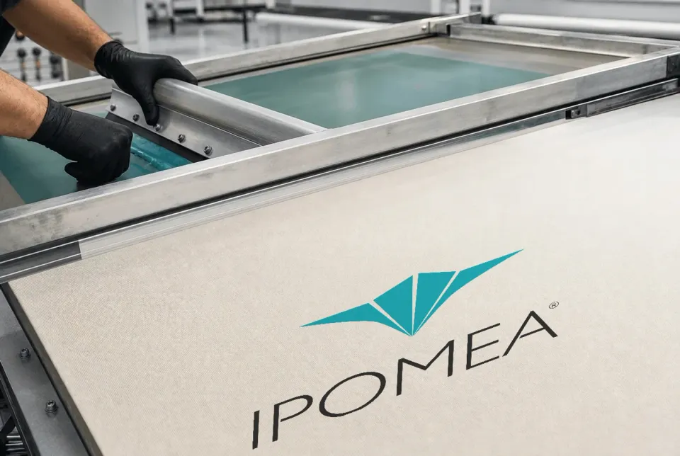 IPOMEA Logo im Siebdruck auf einem Schirmstoff