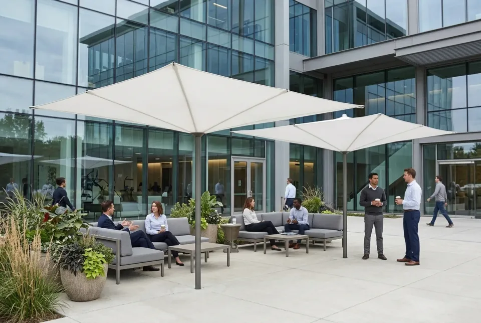 Zwei weiße Prisma Schirme über einer Lounge vor einem modernen Bürogebäude