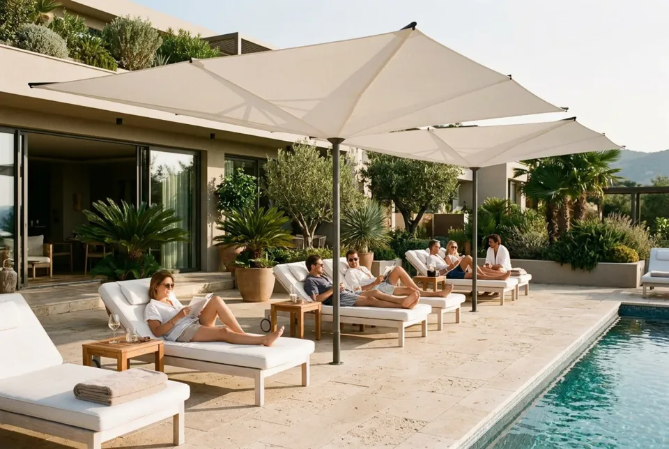 Hotelterrasse am Pool mit zwei weißen Prisma Schirmen über Liegen