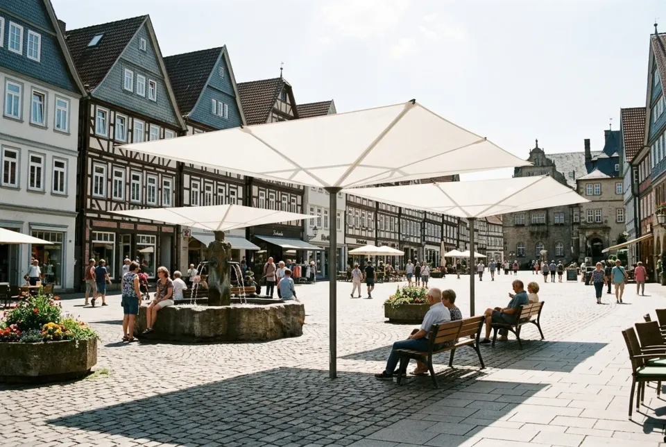 Weiße Prisma Schirme über Bänken auf einem Marktplatz mit Fachwerkhäusern