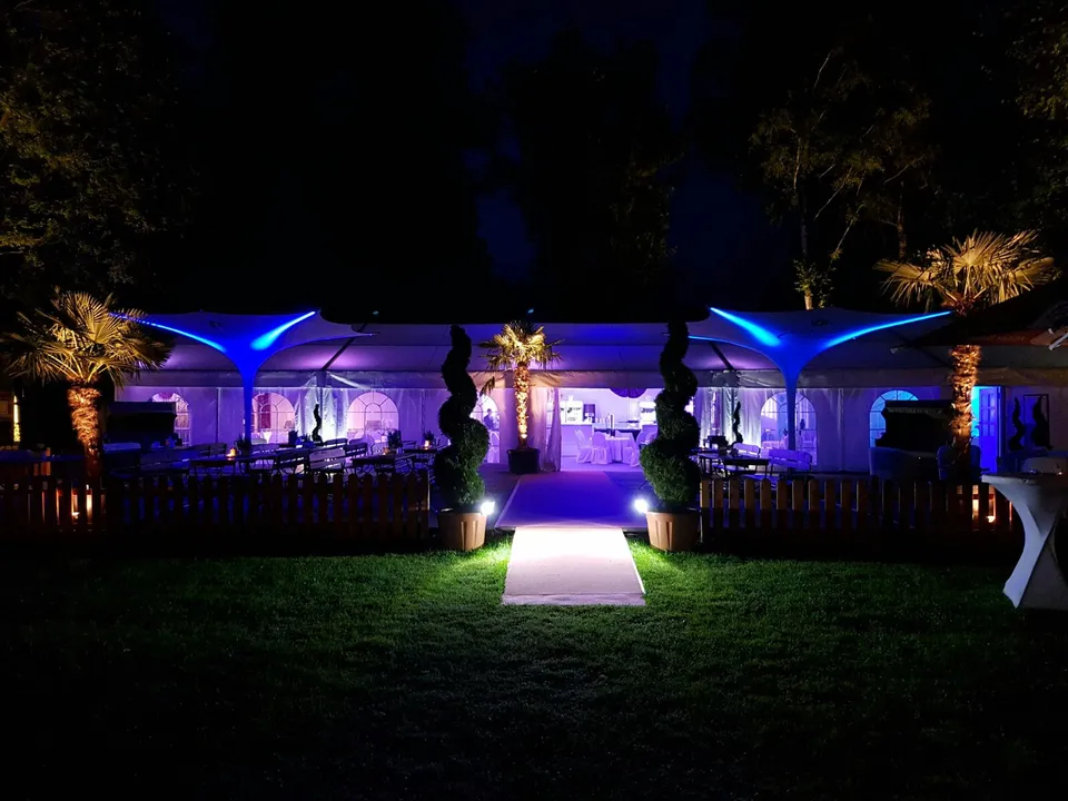 Beleuchteter Event-Pavillon in Blautönen auf einer Wiese bei Nacht, davor ein heller Weg