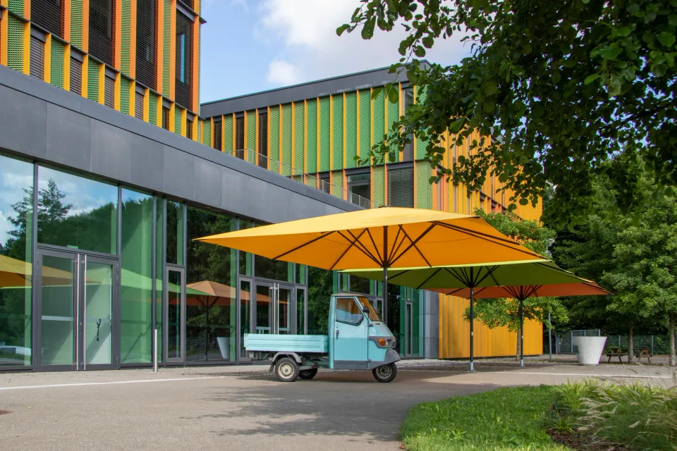 Gelbe und grüne Großschirme vor dem Eingang einer Schule mit farbiger Fassade