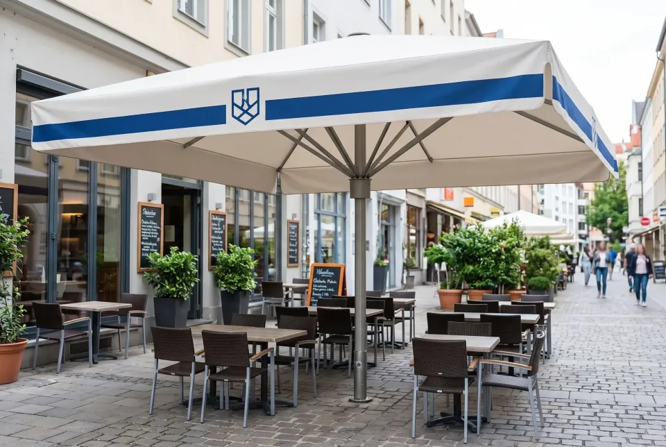 Weißer Großschirm mit blauem Streifen und Signet auf dem Volant vor einem Straßencafé, Darstellung