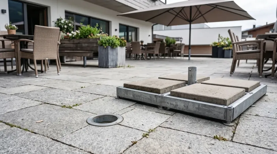 Terrasse mit bündig eingelassener Bodenhülse, einem Standrahmen mit Betonplatten und einem Großschirm im Hintergrund