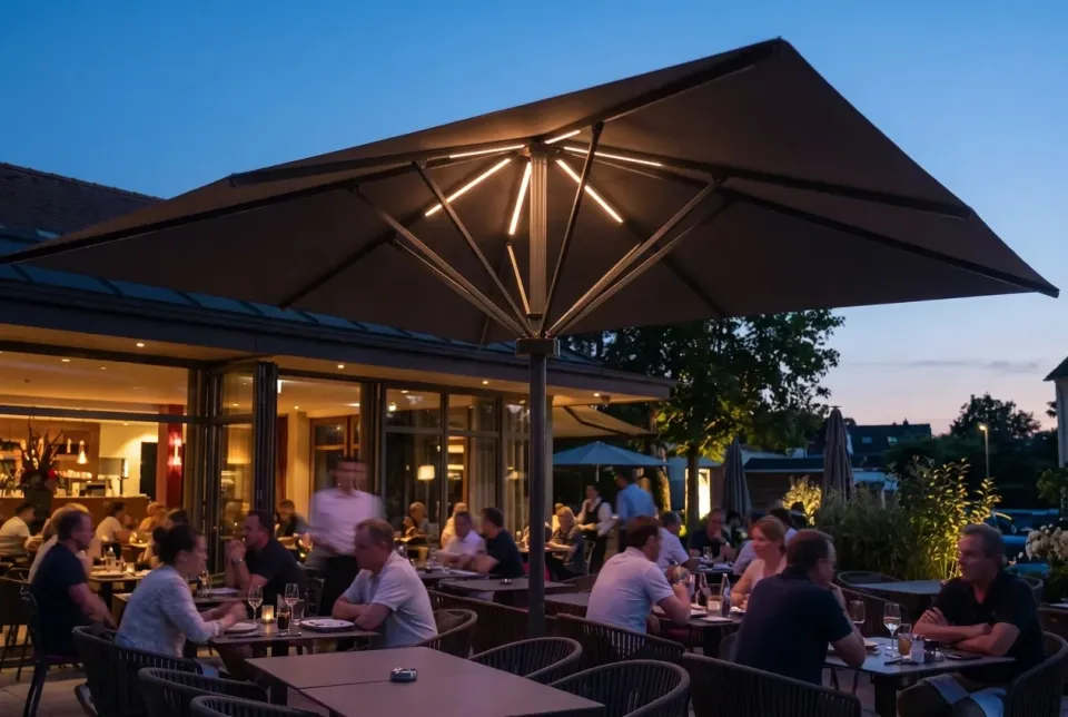 Darstellung: Großschirm mit leuchtenden LED-Leisten an den Speichen vor einem Restaurant in der Dämmerung, Gäste an den Tischen