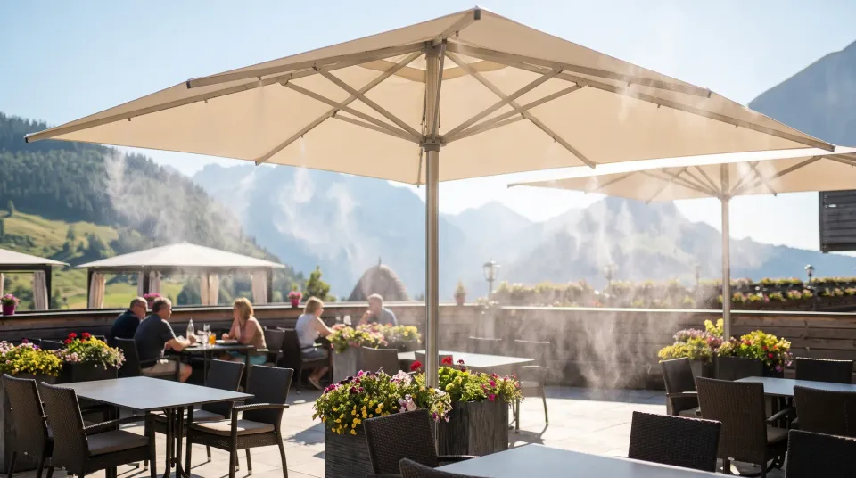 Feiner Wassernebel unter einem Großschirm auf einer sonnigen Hotelterrasse mit Bergblick, Gäste im Schatten