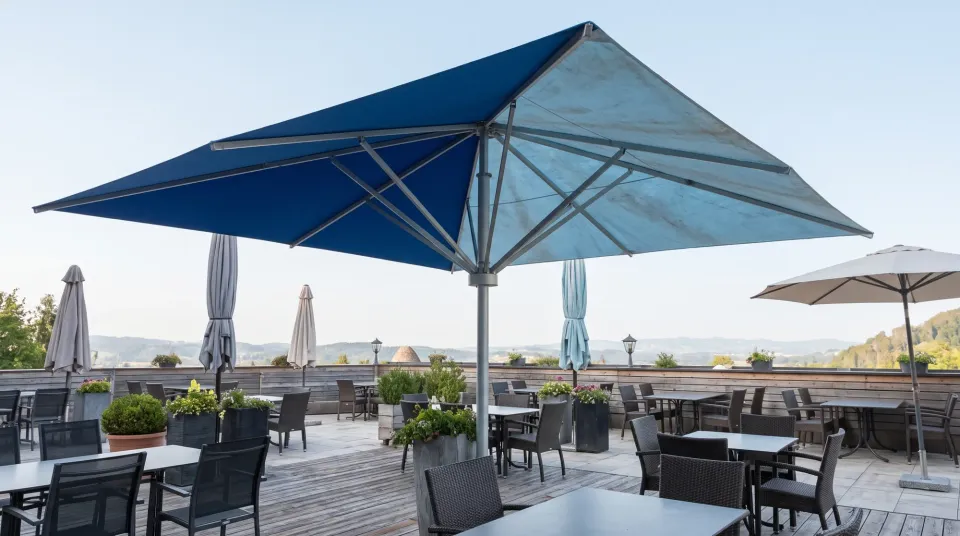Großschirm mit halb neuer, halb verblasster blauer Bespannung auf einer Terrasse