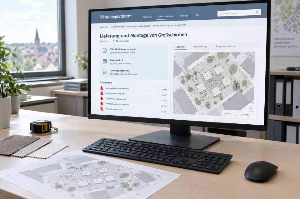 Bildschirm mit einer Ausschreibung für Lieferung und Montage von Großschirmen auf einer Vergabeplattform, daneben Lageplan und Stoffmuster