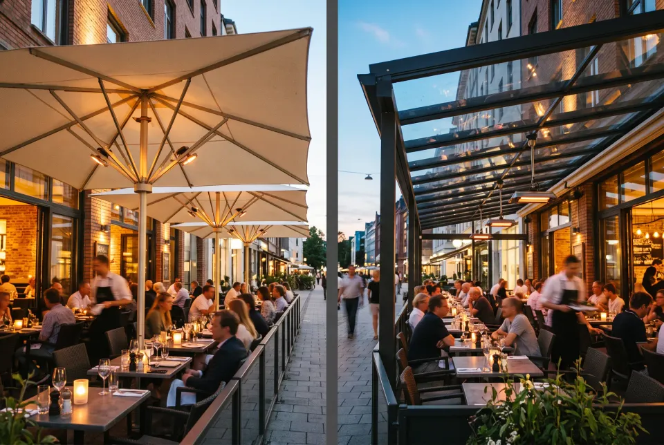 Gleiche Terrasse links mit Großschirmen, rechts mit fester Glasüberdachung