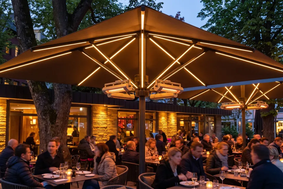 Großschirm am Abend mit LED-Leisten und Heizstrahlern, Gäste im warmen Licht