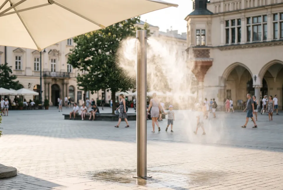 Edelstahl-Nebelsäule auf einem Stadtplatz, feiner Nebel im Gegenlicht, Passanten im Hintergrund, Großschirm am Bildrand