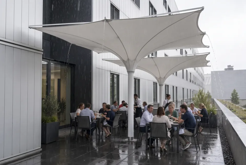 Zwei höhenversetzte weiße Trichterschirme über einer Restaurantterrasse bei Regen, Wasser läuft zur Mitte