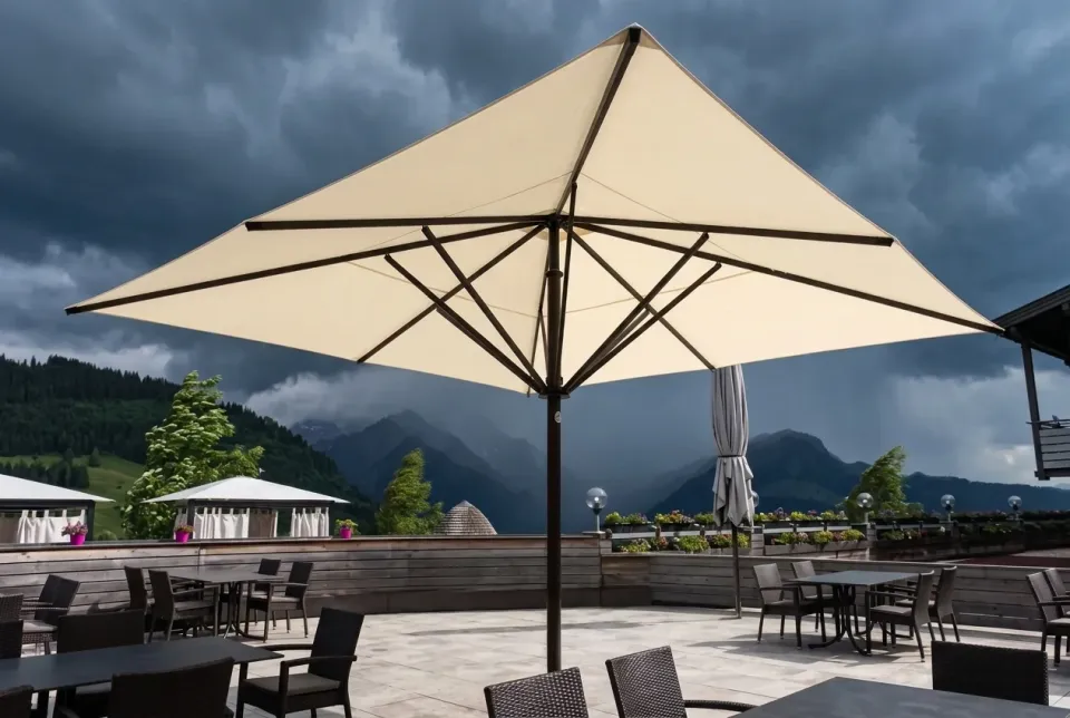 Großschirm auf einer Hotelterrasse bei aufziehendem Gewitter, tiefe Wolken, Bäume im Wind