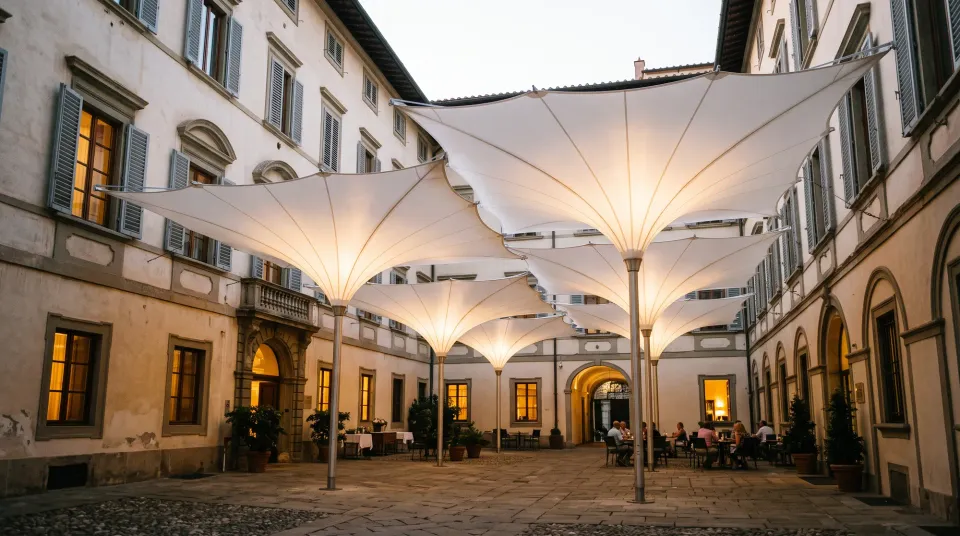 Mehrere weiße Membrantrichter auf schlanken Masten in einem Innenhof zwischen historischen Gebäuden am Abend