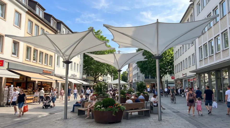 Weiße Membran-Trichterschirme in einer Fußgängerzone zwischen Geschäftshäusern, Passanten und Bänke darunter