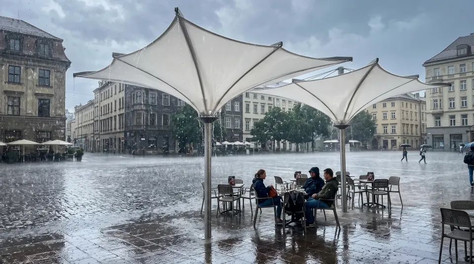 Darstellung: zwei weiße Trichterschirme auf einem Platz im Regen, das Wasser läuft über die Membran zur Mitte, darunter sitzen Gäste