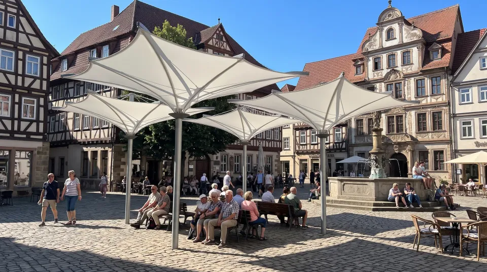 Darstellung: weiße Trichterschirme über Sitzbänken auf einem Altstadtplatz mit Fachwerkhäusern und Brunnen