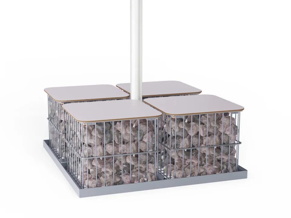 Standrahmen mit vier Gabionen und Sitzplatten als Ballast, Produktdarstellung