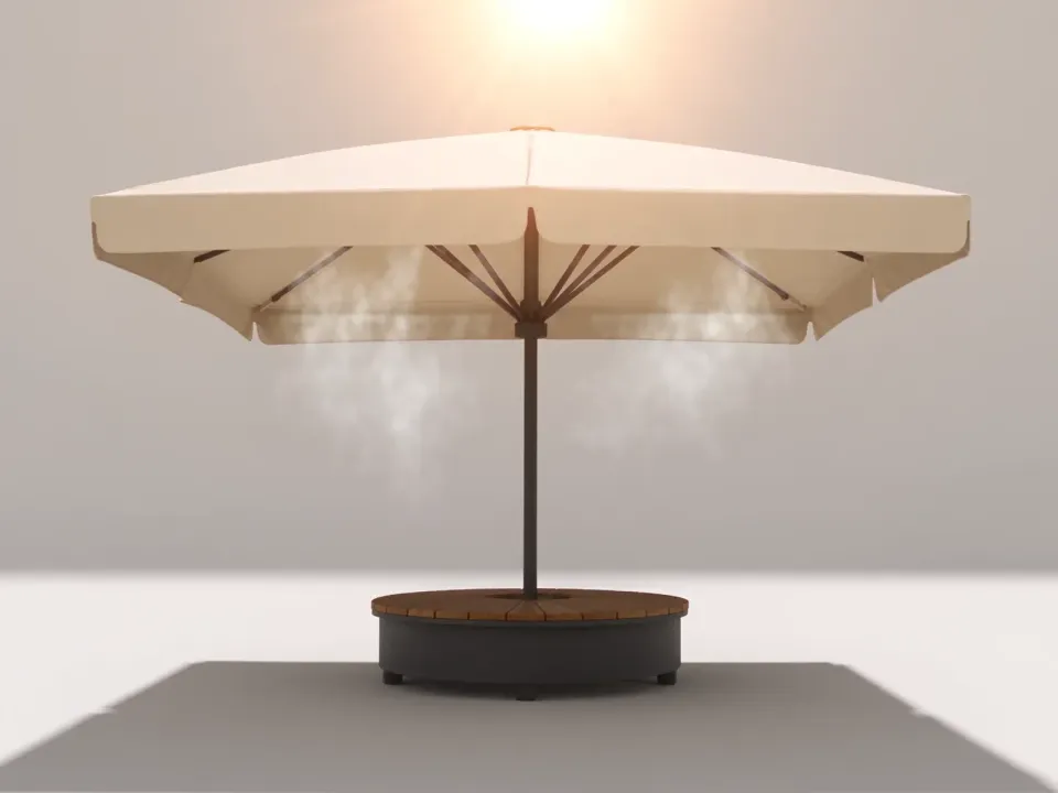 Sonnenschirm mit Nebelkühlung, feiner Wassernebel tritt unter dem Schirmdach aus