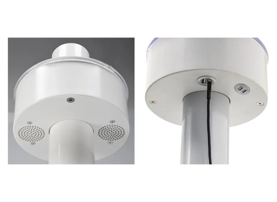 Lautsprecher und USB-Ladestation am Schirmmast